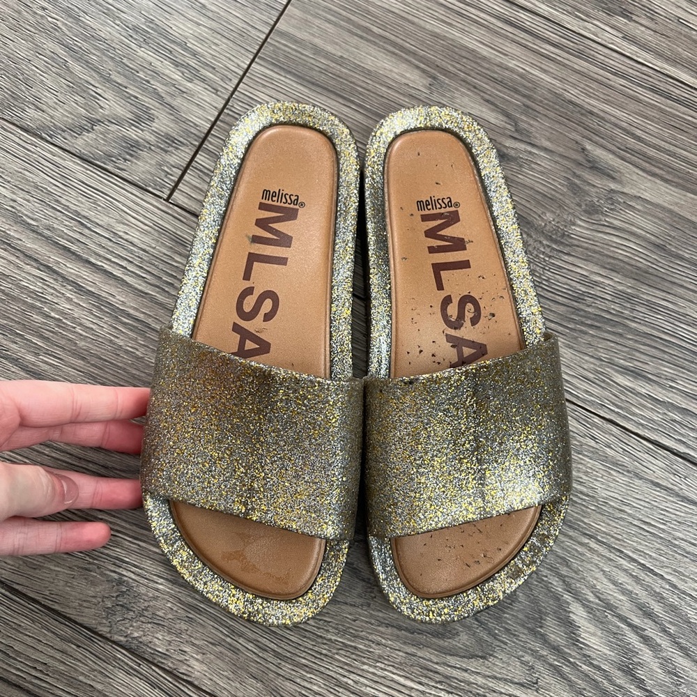 Mini Melissa Gold and Silver Glitter Slide Sandals